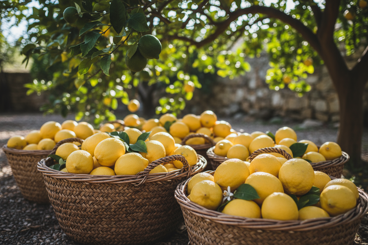 beautiful yellow lemons in big baskets under a lemon tree
